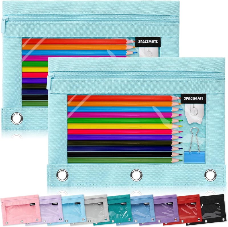 SPACEMATE 2 Pack Binder Pencil Pouch Case Box Bag for 3 Ring Binder School Supplies Girls Boys Kids, Clear Preppy Stuff Large Aesthetic Pen Organizer, Back to College Stationary, Eggshell Blue - Image 1
